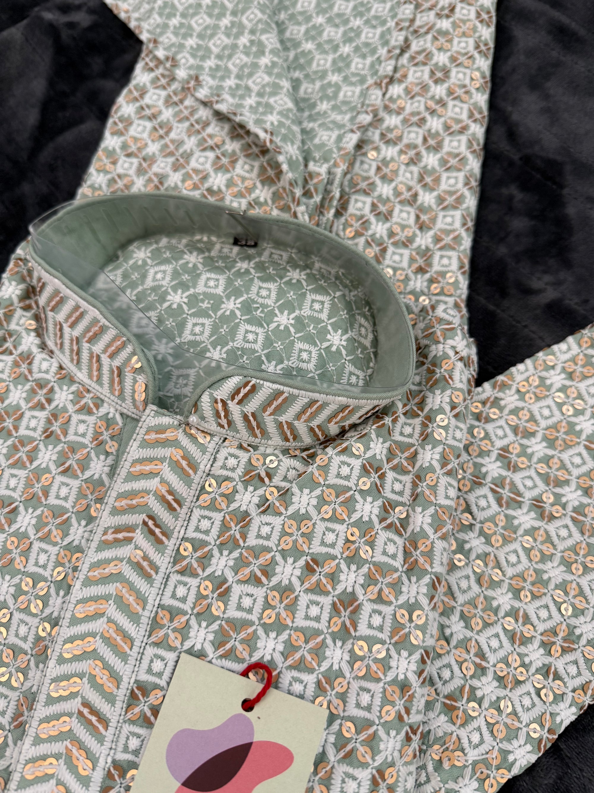 Pastel Green Shade Men's kurta pajama set with embroidery and sequins. Two-piece Indian traditional outfit for special occasions., KP - 1940