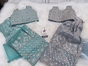 Baby Girls’ Embroidered Lehenga Choli Set in Teal Blue & Slate Gray, Festive Indian Ethnic Outfit Lehenga Dress, GRL-2091