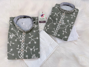 Boys & Men Matching Sage Green Kurta Pajama Set with White Floral Embroidery, Father Son Indian Ethnic Wear, DM- 3011