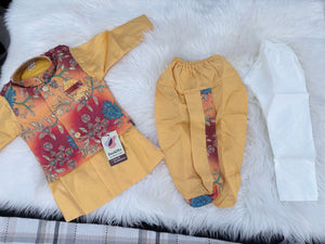 Boys Yellow Kurta Pajama Set with Floral Jacket | Dhoti and Trouser Pant Option | Indian Wedding Festive Ethnic Wear for Kids, B-4049