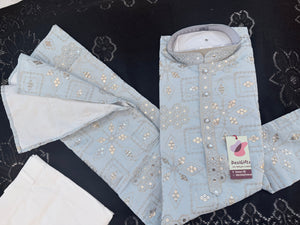 Men’s Ice Blue Embroidered Kurta Pajama Set | Silver Zari-Style, Sequin Work | Indian Wedding Wear, KP-4026