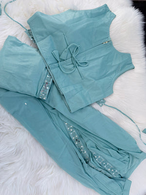 Girls Light Teal Blue Shade Saree Set with Sequins Blouse, Ready to Wear Indian Outfit, GRL-2089