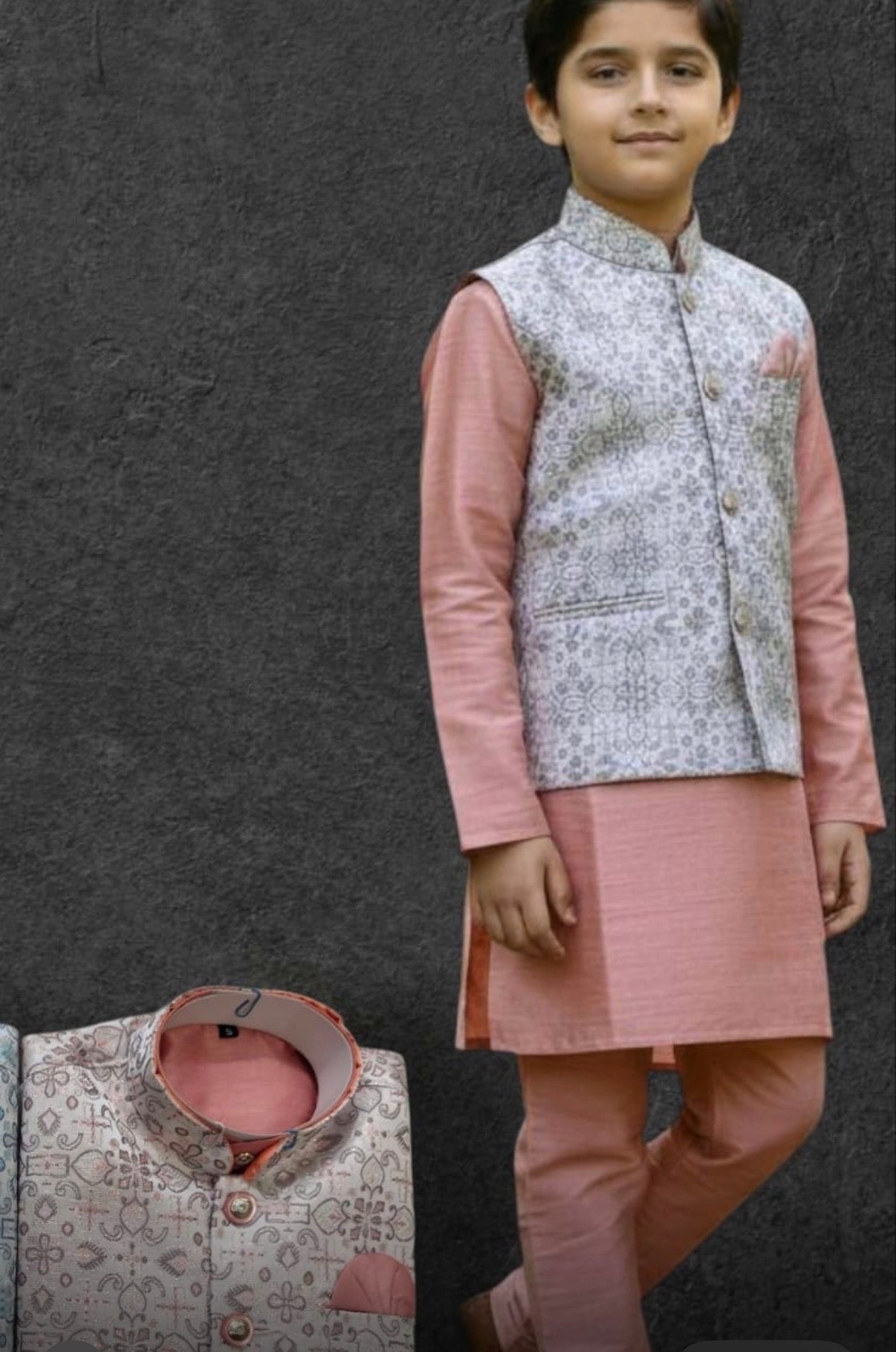 Carrot Shade 3 Piece Boy's Cotton  Silk Ethnic Kurta with Jacket, and Pajama- Design B-2012