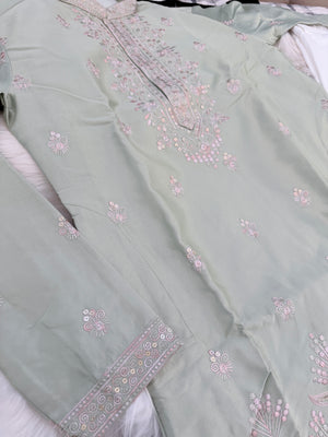 Men’s Sage Green Shorter Kurta with Parallel Pants | Floral Embroidery Kurta Pajama Set | Indo-Western Wedding & Festive Kurta Set, KP - 4064