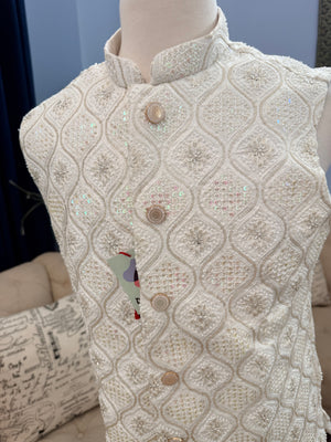 Luxury Cream Bead & Sequin Embroidered Nehru Jacket for Men – Heavy Thread Work Wedding Waistcoat | J-3034