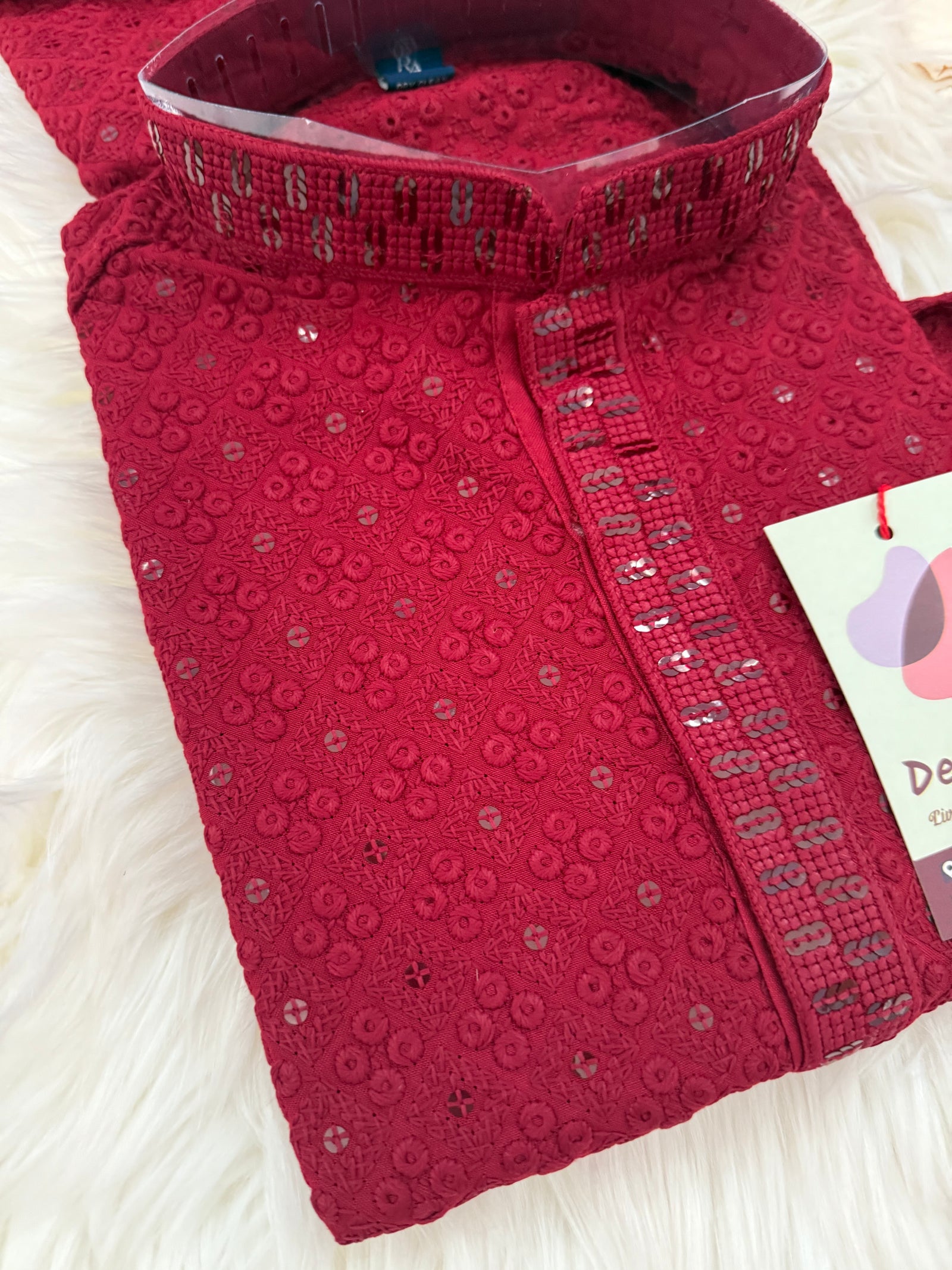 Pre-Teen and Teen Boy's Chikankari Embroidered Rayon Kurta Pajama with Sequins , Maroon Shade, - BOY-1910