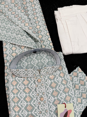 Light Teal Shade Men's Kurta Pajama set with Embroidery and Sequins. Two-piece Indian traditional outfit., KP - 2028