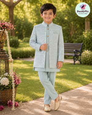 Boy's GreenSky blue Shade Cotton Silk 3 Piece Indo Western Outfit,  Embroidered  Sequins Long Jacket with Pant , Boy's Sherwani Dress - B-3052