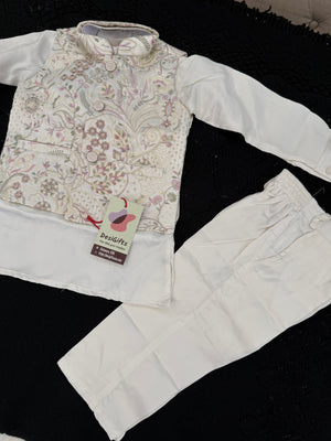 3 Piece Cream Kurta Pajama with Embroidery Jacket Set, Cotton Sateen Kurta, Father & Son's Outfit, DM - 2014