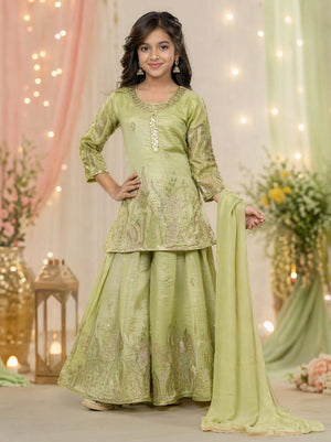 Girls’ Sage Green Kurta Palazzo Set with Sequins Work – Festive Ethnic Wear, GRL-2098