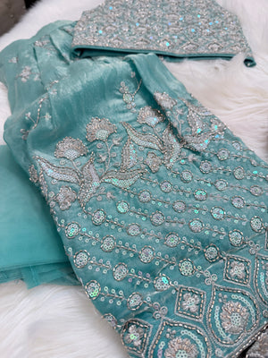Baby Girls’ Embroidered Lehenga Choli Set in Teal Blue & Slate Gray, Festive Indian Ethnic Outfit Lehenga Dress, GRL-2091