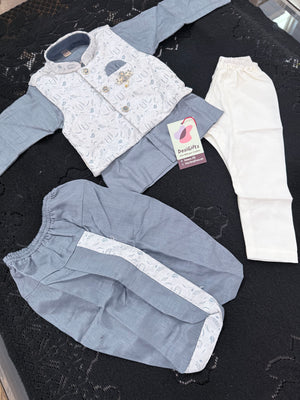 Kids Gray Kurta Dhoti and Pajama Set with offwhite Jacket, Boys Ethnic Wear, Festive Wedding Outfit B-2021