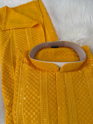 Exquisite Chikankari Sequins 2 Piece Kurta Pajama Set for Man, Yellow Shade, Embroidered Party Man's Wear, KP - 2045