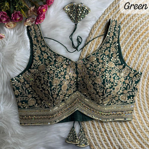 Heavy Zari, Sequence work Stitched Designer Saree Blouse in Soft Roman Silk, Design BLS-2039