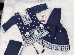 Girls Navy Blue Embroidered Sharara Suit Set with Dupatta, White Thread Work Ethnic Outfit for Kids, Party & Festival Wear, GRL-3001
