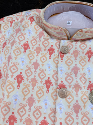 Men's Kurta Pajama with Jacket | Yellow Kurta with Printed Jacket Set for Indian Weddings, Festivals | Silk 3-Piece Outfit | KPJ-2054