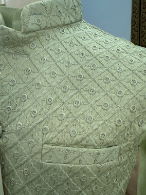 Pastel Green Shade 3 Piece Kurta Pajama, Pant Style, with Embroidered Sequins Jacket Set-Silk Fabric, JKP- 1924
