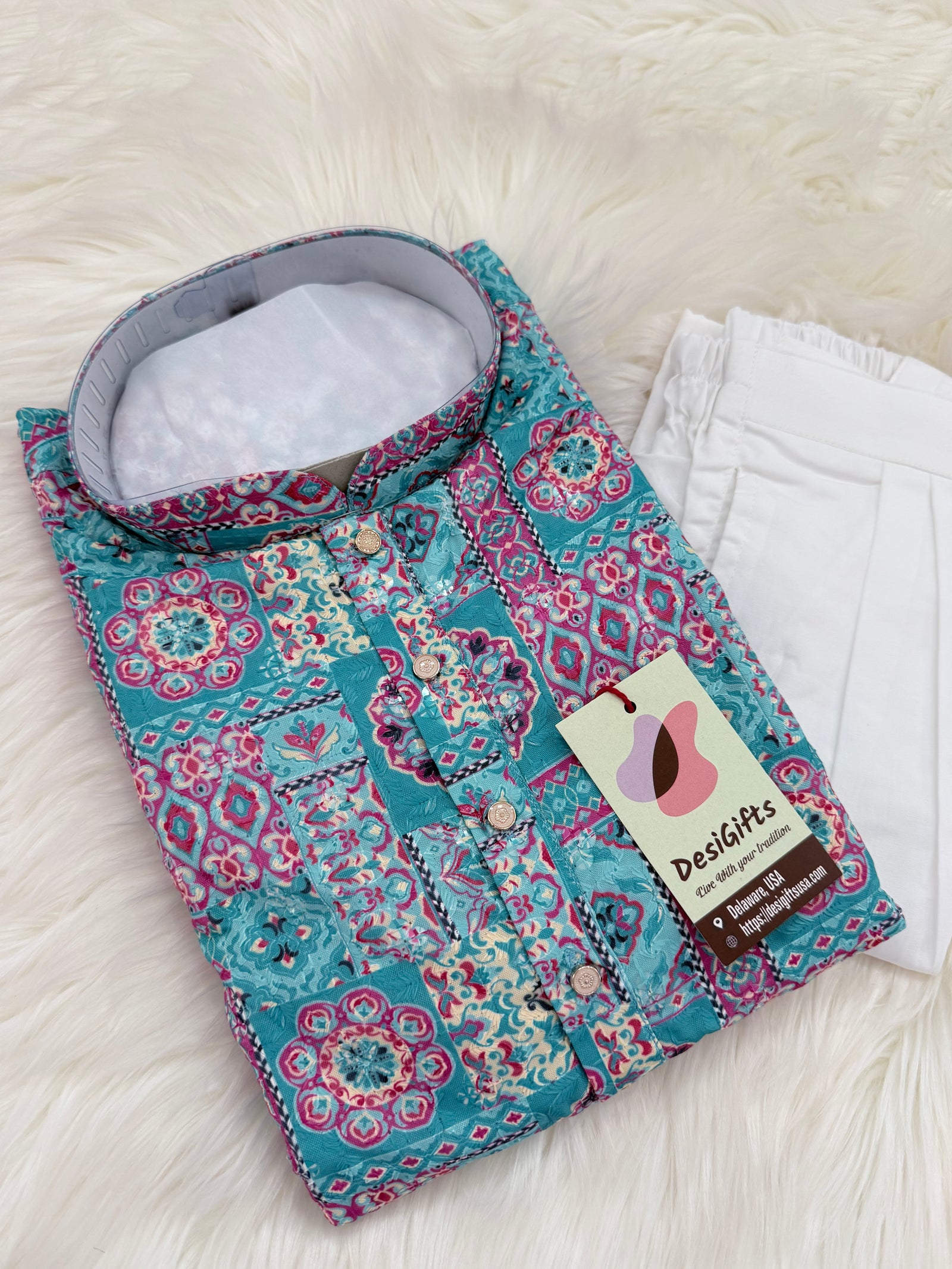 Premium Cyan Blue Embroidered Kurta Pajama Set – Viscose Rayon with Printed & Sequin Detailing | Traditional Outfit | KPS-2033