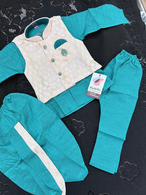 Kids Teal Green Kurta Dhoti and Pajama Set with Cream Sparkle Jacket, Boys Ethnic Wear, Festive Wedding Outfit B-2020