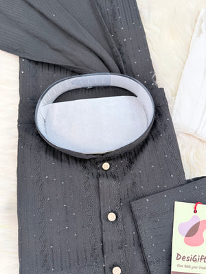 Men’s Black Sequins Embroidered Kurta Pajama Set – Indian Wedding & Partywear Traditional 2PC Outfit, Size 58 , 5XL, KP-2023