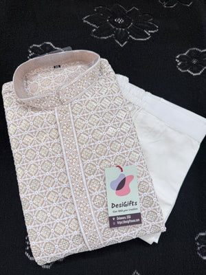 Men's Kurta Pajama set with Embroidery and Sequins in Light Beige Shade. Two-piece Indian traditional outfit., KP - 1424