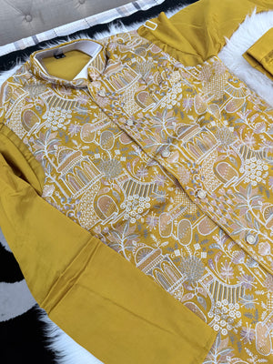 Festive Men’s 3-Piece Mustard Yellow Shade Kurta Pajama with Embroidered Sequins Jacket, Silk Ethnic Wear for Wedding & Festive, KPJ-4053