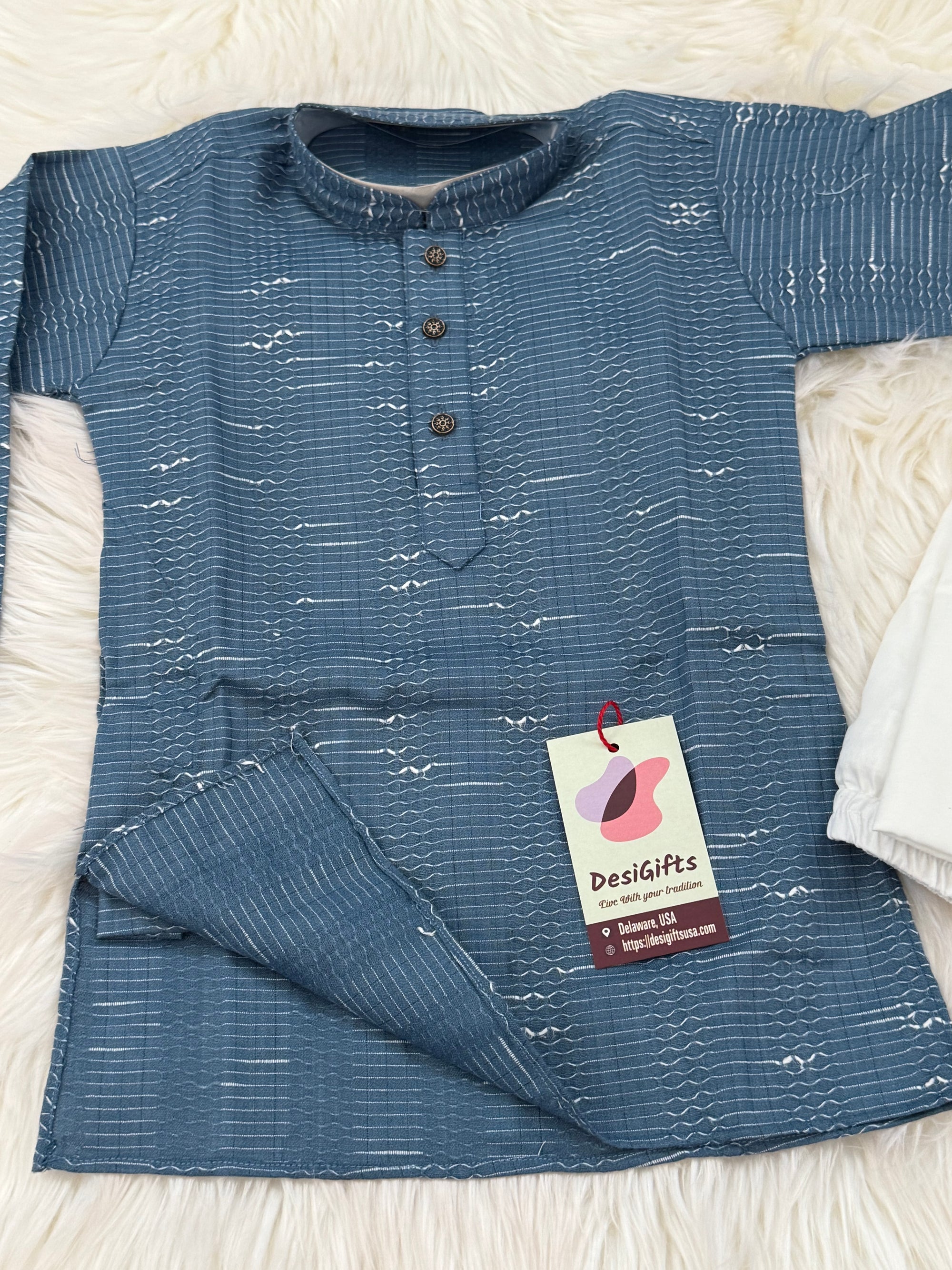 Teal Blue Shade Boy's Soft Cotton Silk Embroidered Kurta Pajama - Design BOY-1919