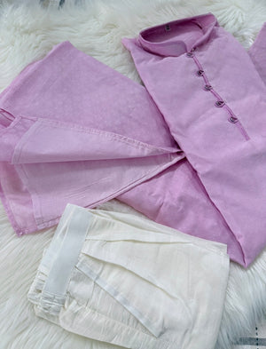 Men’s Light Lilac Purple Banarasi Silk Blend Kurta Pajama Set with Self Woven Buti, Kurta with Trouser Pants, Indian Festive Wedding Wear – KP- 3078