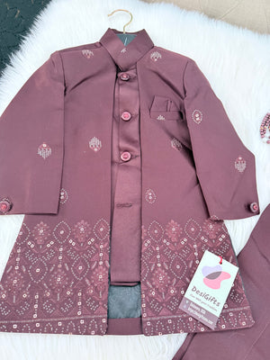 Boy's Cotton Silk 2 Piece Indo Western Dress,  Embroidered  Sequins Long Jacket with  Pant and Necklace, Boy's Dress - B-2013