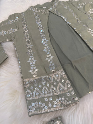 Classy Sequins Work Top with Jacket, Pant Style Set for Girl in Pista Green Shade, Indian traditional Girl Dress, GRL - 1894