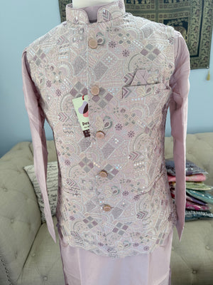 Men’s Dusty Rose Pink Shade 3-Piece Kurta Pajama with Heavy Embroidered Jacket, Wedding & Festive Ethnic Wear, KPJ-3077