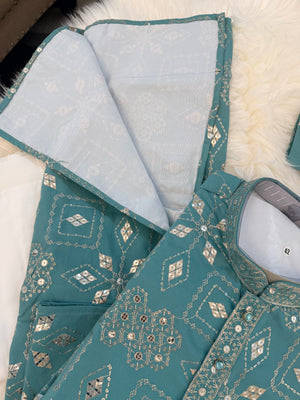 Father & Son Matching Turquoise Blue Kurta Pajama Set | Silver Zari-Style Embroidery, Sequin Work | Festive Wear, DM -4025
