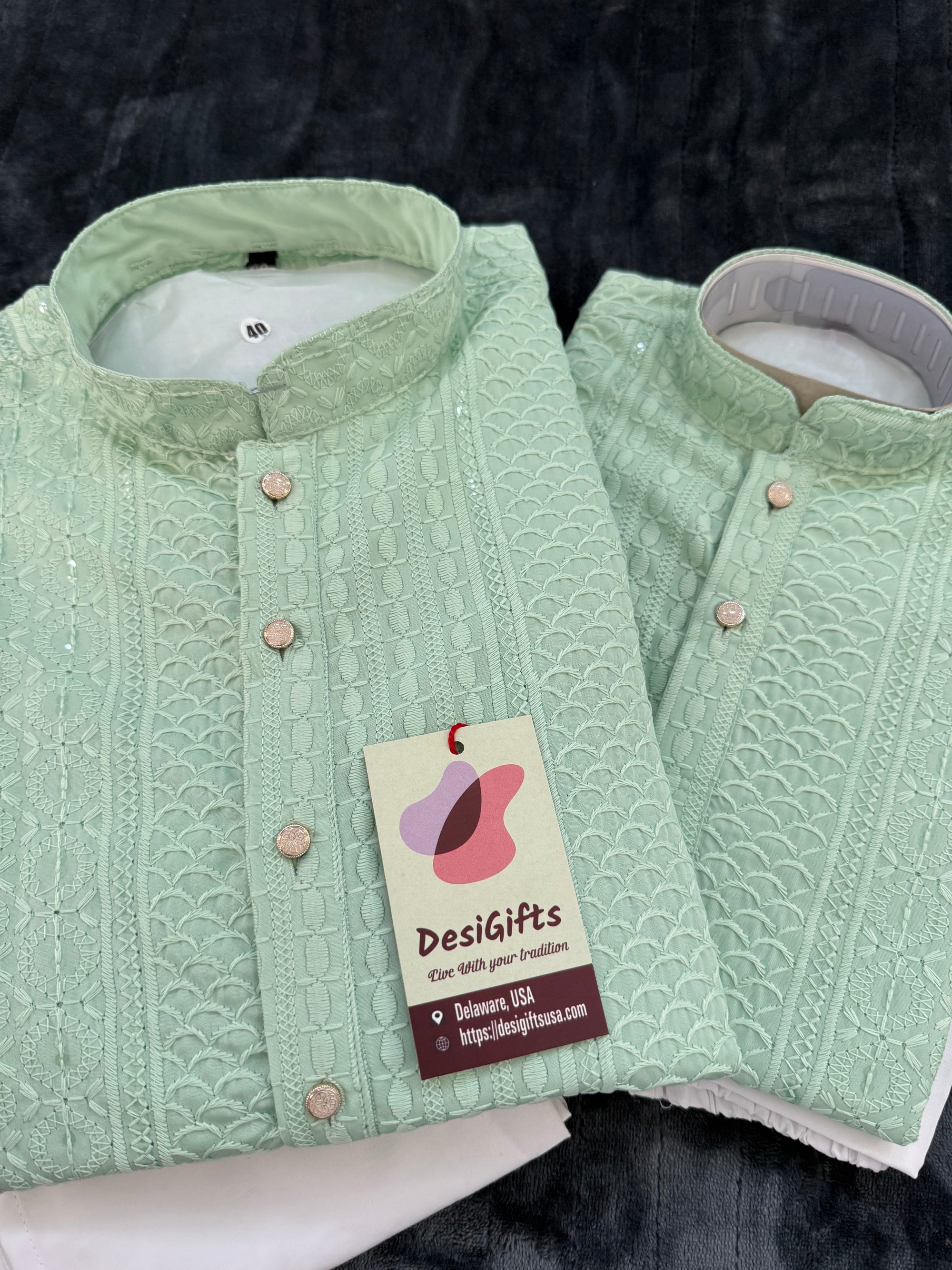 Pastel Green Shade Chikankari Rayon with Sequins 2 Piece Kurta Pajama Set, Father & Son's Outfit, DM -1806