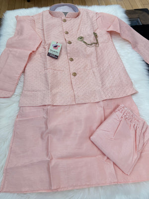 Peach Shade Kurta Pajama with Embroidered Jacket for Men, Indian Weddings, Festivals & Celebrations | Designer Kurta Pajama KPJ-2055