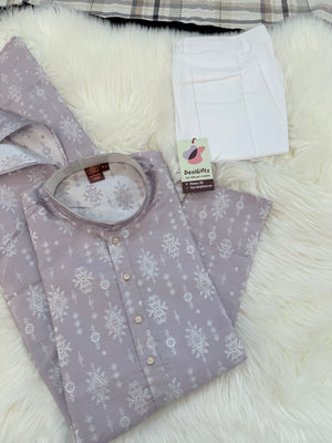 Pastel Purple Jacquard Silk Kurta Pajama Set with Off White Self woven work for Men, KPS-3026