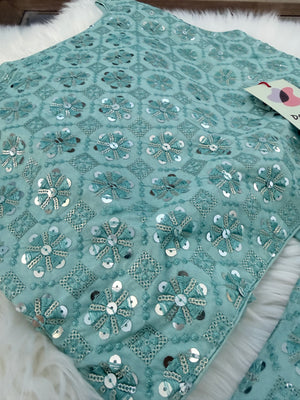 Girls Light Teal Blue Shade Saree Set with Sequins Blouse, Ready to Wear Indian Outfit, GRL-2089
