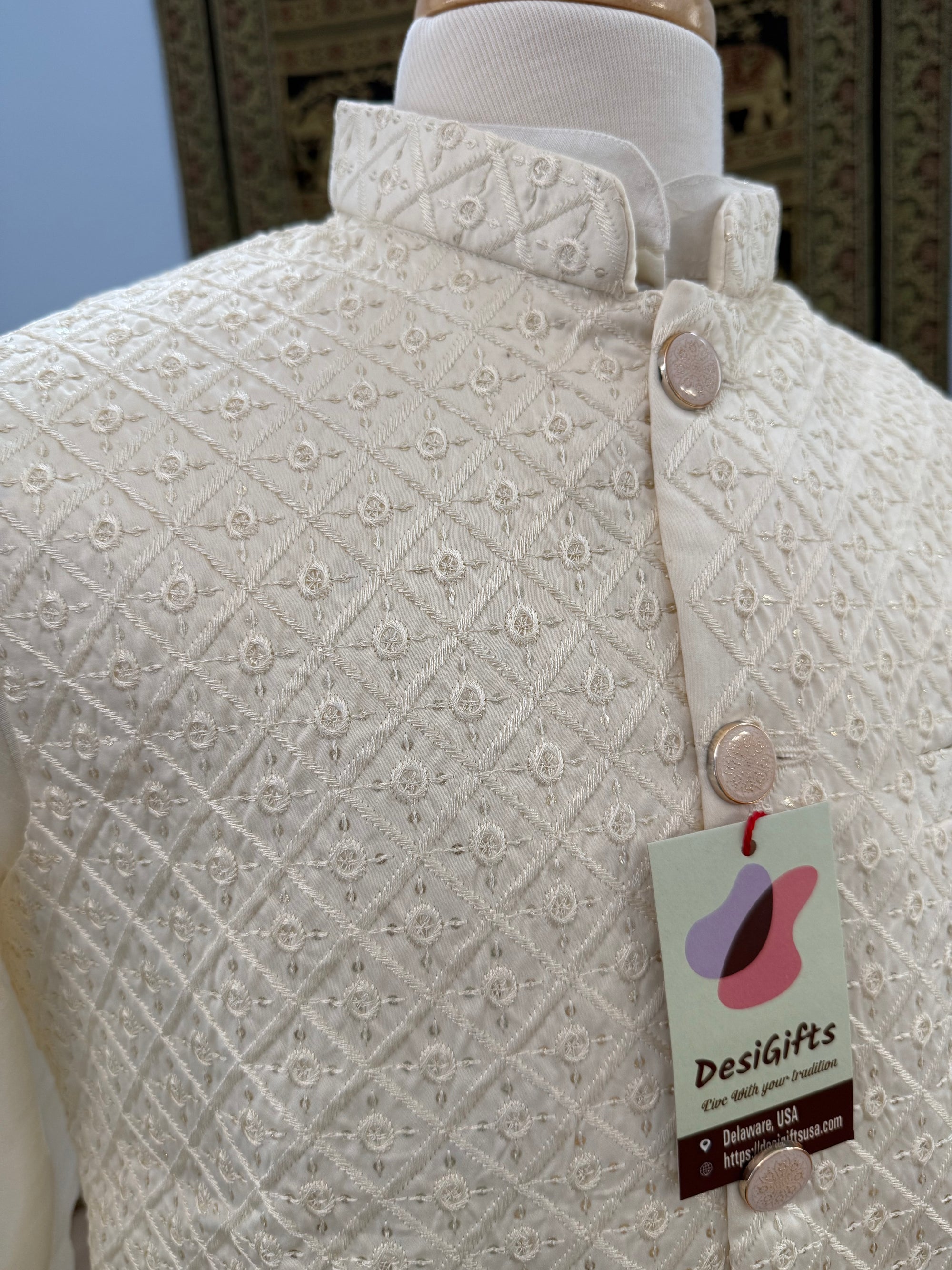 3 Piece Cream Kurta Pajama, Pant Style, with Embroidered Sequins Jacket Set-Silk Fabric, JKP- 1926)