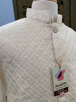 3 Piece Cream Kurta Pajama, Pant Style, with Embroidered Sequins Jacket Set-Silk Fabric, JKP- 1926)