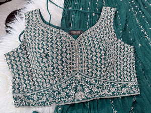 Embroidered Lehenga Saree Style Set with Blouse & Dupatta – Teal Blue / Olive Green Wedding & Festive Indian Ethnic Wear, Design LHG - 4007