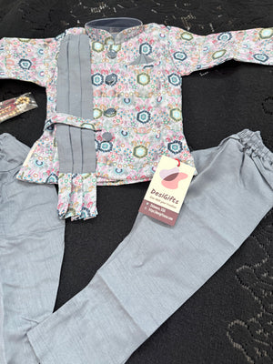 Boys 3 Piece Gray Silk Blend Indian Dress Set with Jacket, Dhoti & Pajama – Ethnic Wedding and Festive Outfit B-2019
