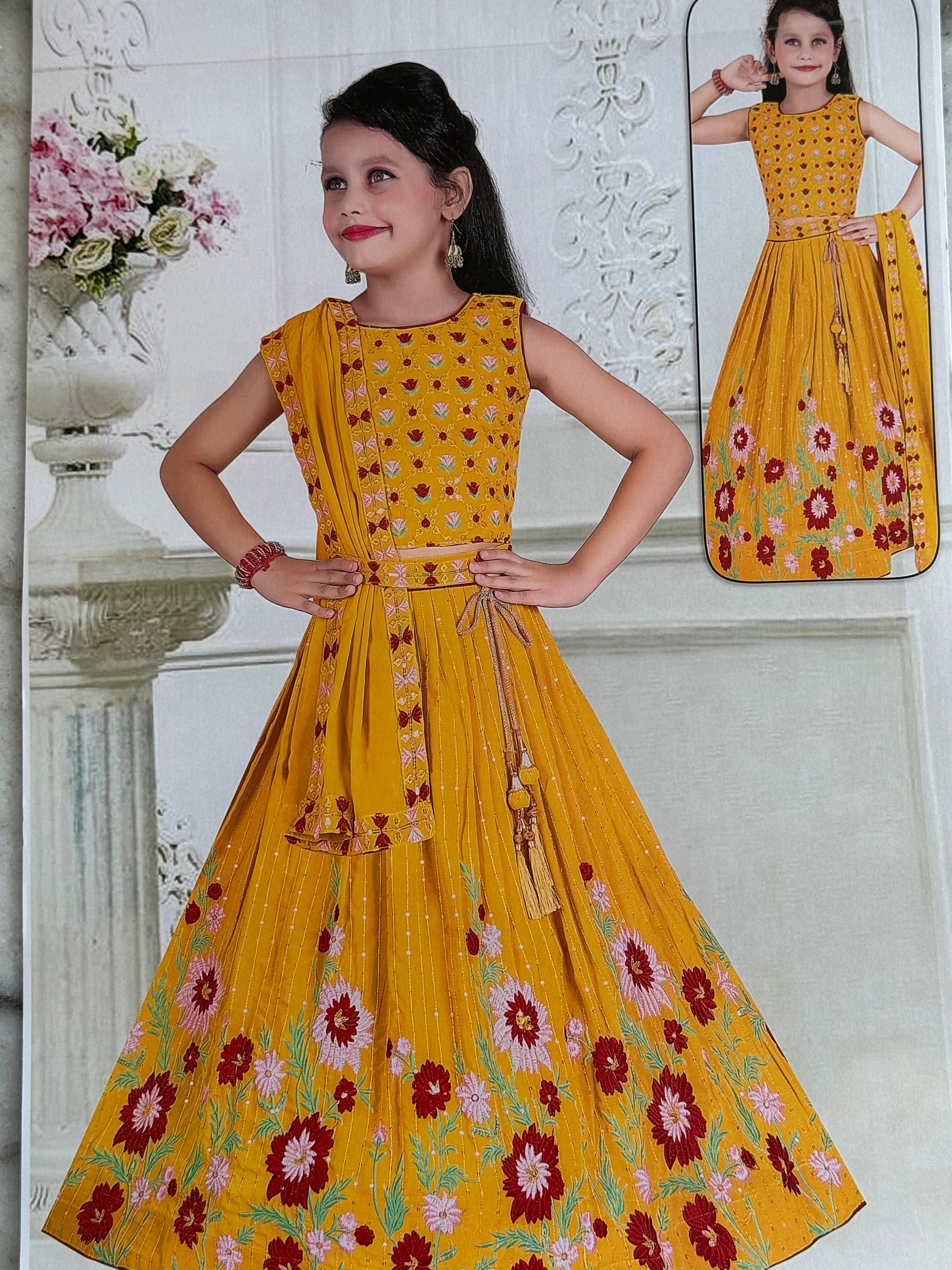 Embroidered Yellow Lehnga Choli, Indian traditional festive outfit for Princess, Girl Design GRL - 1570