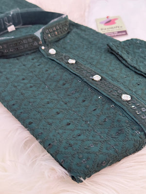 Green Shade Chikankari Embroidery with Sequins 2 Piece Viscose Rayon Kurta Pajama Set, Indian Partywear Kurta SetKP-1978
