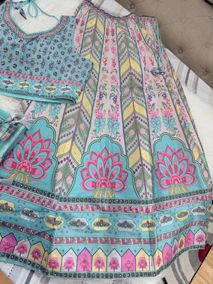 Aqua Blue & Pink Lehenga Choli Set with Dupatta – Digital Floral Print, Mirror-Style Sequin Work, Indian Wedding Festive Wear, LHG - 4010