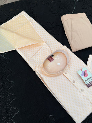 Soft Cream with Subtle Gold Motifs Kurta with Beige Trouser, 2 Piece Jacquard Silk Kurta Pajama Set, Man -2046