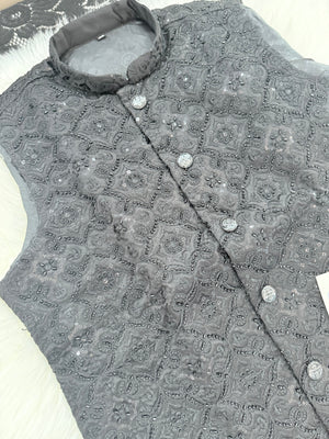 Premium Black Heavy Embroidered Jacket for Men – Sequin & Thread Work Wedding Waistcoat J - 3035