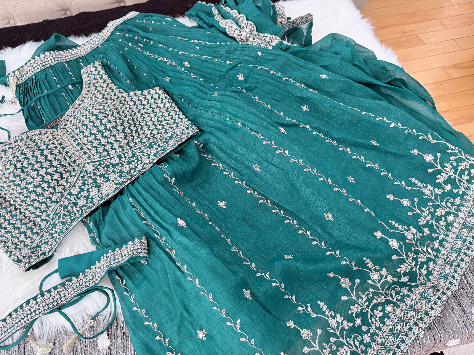 Embroidered Lehenga Saree Style Set with Blouse & Dupatta – Teal Blue / Olive Green Wedding & Festive Indian Ethnic Wear, Design LHG - 4007