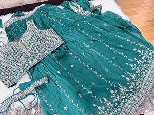 Embroidered Lehenga Saree Style Set with Blouse & Dupatta – Teal Blue / Olive Green Wedding & Festive Indian Ethnic Wear, Design LHG - 4007