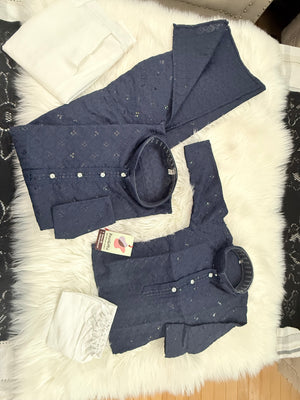 Men & Boys Navy Rayon Chikankari with Sequins Kurta Pajama Set | Matching Father Son Festive Outfit with Sequin Work, DM -2077