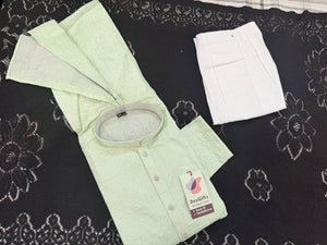 Light Green Jacquard Silk Kurta Pajama Set with Off-White Pant for Men – Self Design Ethnic Kurta, KPS-3027