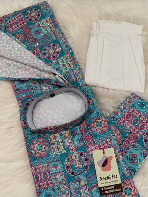 Premium Cyan Blue Embroidered Kurta Pajama Set – Viscose Rayon with Printed & Sequin Detailing | Traditional Outfit | KPS-2033